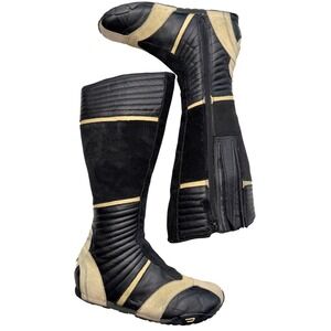 Diesel Nico Vintage Y2K Moto Racing Boots Leather Black Yellow Knee High Zip 6.5